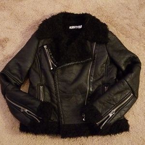 Vegan leather and faux fur biker jacket, size S